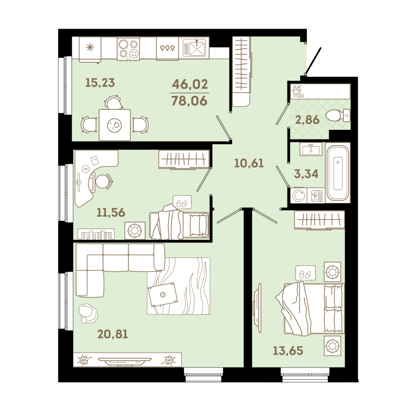 Продажа 3-комнатной квартиры 78.06 м2, 1/24 этаж в ЖК «OKLA» - план-схема