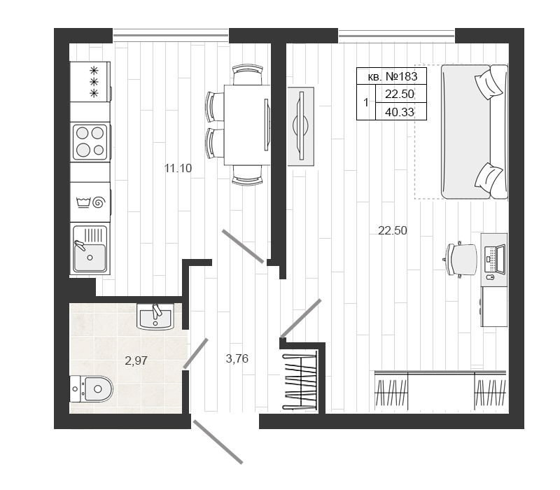 Продажа 1-комнатной квартиры 40.33 м2, 1/4 этаж, ЖК «Верево-сити» - план-схема