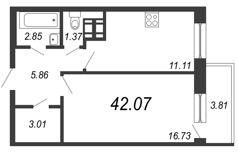 Продажа 1-комнатной квартиры 42.4 м2, 1/15 этаж, ЖК «Новое Горелово» - план-схема