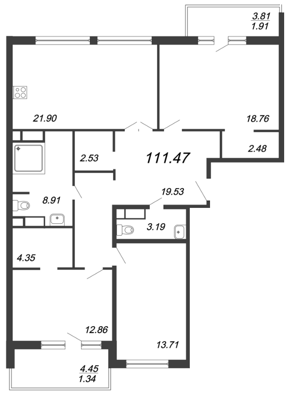 Продажа 3-комнатной квартиры 111.47 м2, 12/12 этаж, ЖК «Ariosto» - план-схема