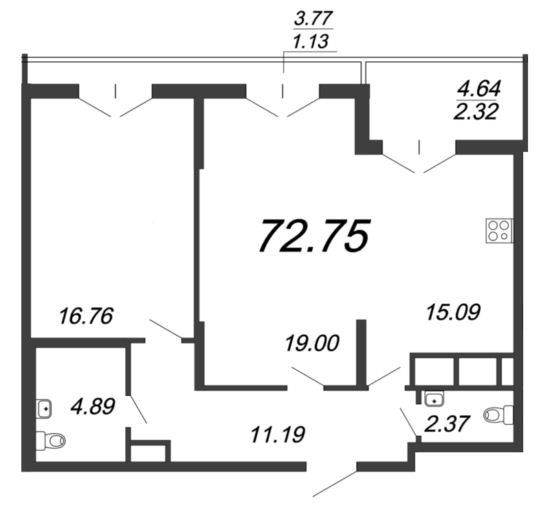 Продажа 2-комнатной квартиры 72.75 м2, 10/18 этаж в ЖК «Колумб» - план-схема