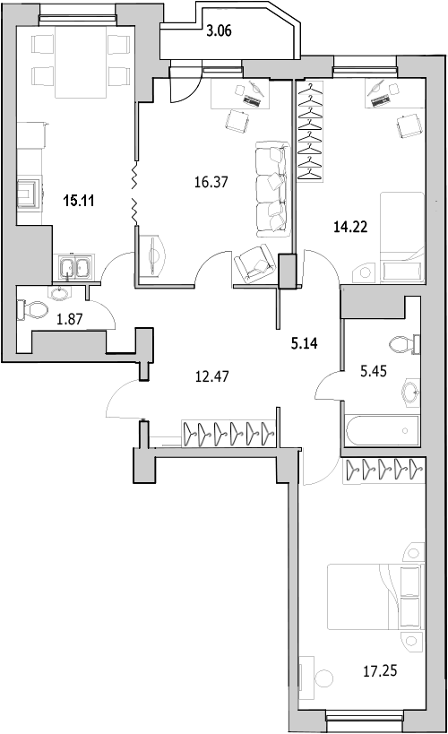 Продажа 3-комнатной квартиры 89.41 м2, 12/25 этаж, ЖК «Байрон» - план-схема