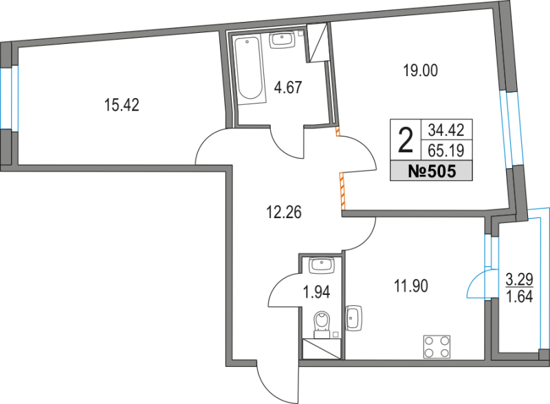 Продажа 2-комнатной квартиры 65.19 м2, 13/16 этаж в ЖК «Приморский квартал» - план-схема
