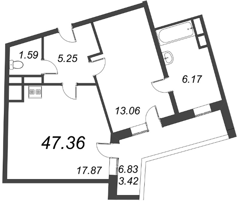 Продажа 2-комнатной (Евро) квартиры 47.36 м2, 12/12 этаж, ЖК «Ariosto» - план-схема