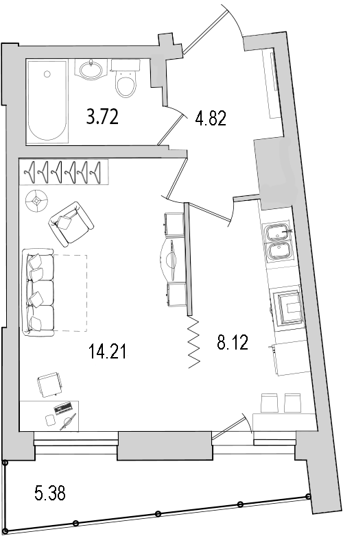 Продажа 1-комнатной квартиры 36.7 м2, 6/22 этаж, ЖК «Байрон» - план-схема