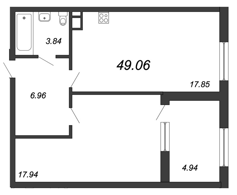 Продажа 1-комнатной квартиры 49.5 м2, 4/9 этаж, ЖК «Петровская Доминанта» - план-схема