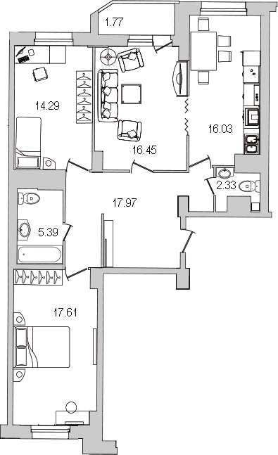 Продажа 3-комнатной квартиры 91.8 м2, 20/27 этаж, ЖК «Шекспир» - план-схема