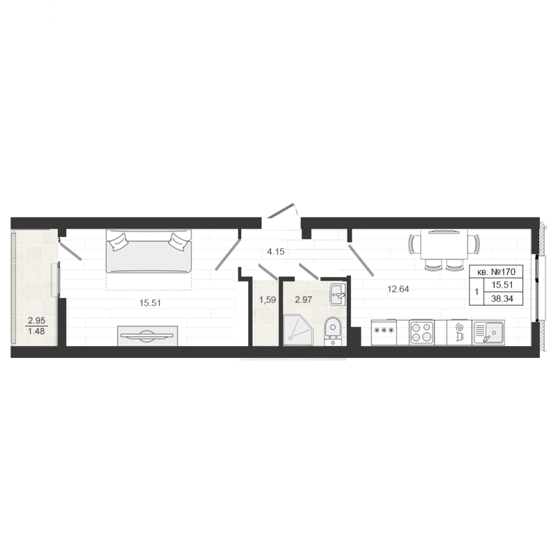 Продажа 1-комнатной квартиры 38.34 м2, 4/4 этаж в ЖК «Верево-сити» - план-схема