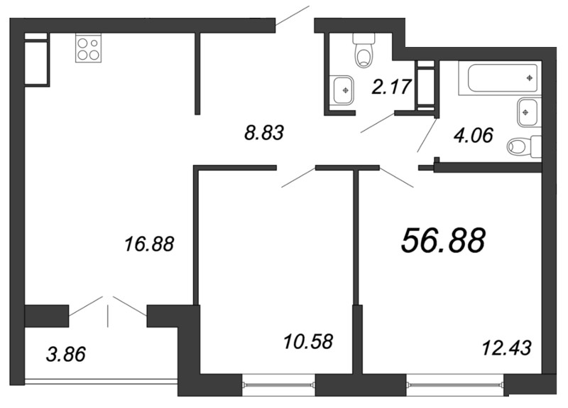 Продажа 3-комнатной (Евро) квартиры 56.88 м2, 17/18 этаж, ЖК «Магеллан» - план-схема