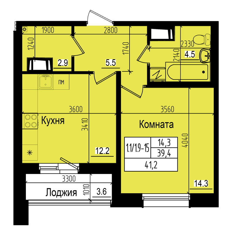 Продажа 1-комнатной квартиры 39.4 м2, 18/23 этаж, ЖК «ПРАГМА city» - план-схема