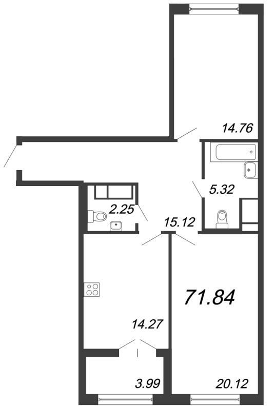 Продажа 2-комнатной квартиры 72.9 м2, 3/8 этаж, ЖК «The One» - план-схема