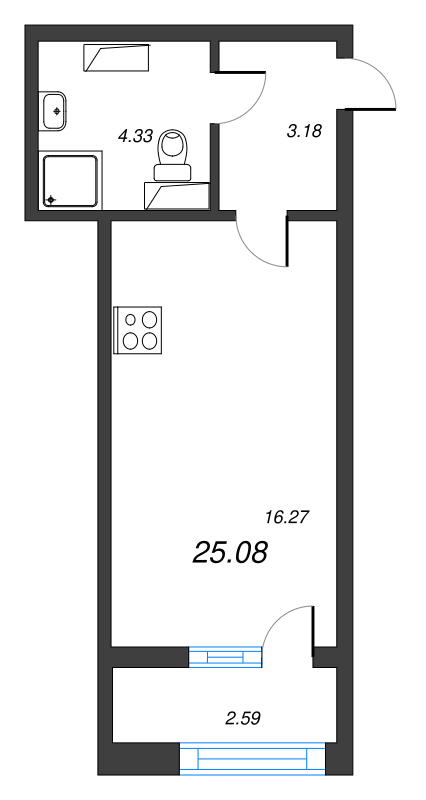 Продажа квартиры-студии 25.08 м2, 13/22 этаж, ЖК «БелАрт» - план-схема