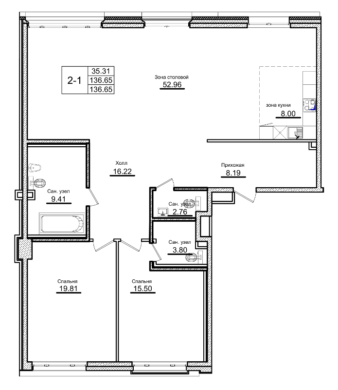 Продажа 3-комнатной (Евро) квартиры 136.22 м2, 2/7 этаж, ЖК «Приоритет» - план-схема