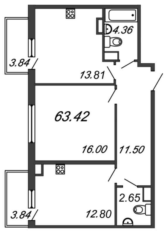 Продажа 2-комнатной квартиры 63.76 м2, 8/9 этаж в ЖК «TESORO» - план-схема