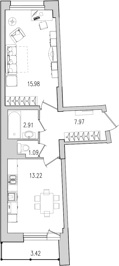 Продажа 1-комнатной квартиры 44.8 м2, 8/26 этаж, ЖК «Байрон» - план-схема