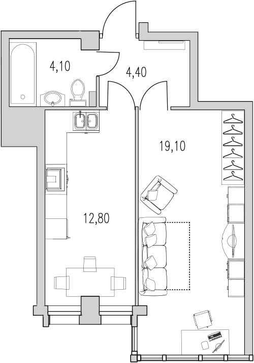 Продажа 1-комнатной квартиры 40.4 м2, 4/0 этаж, ЖК «Байрон» - план-схема