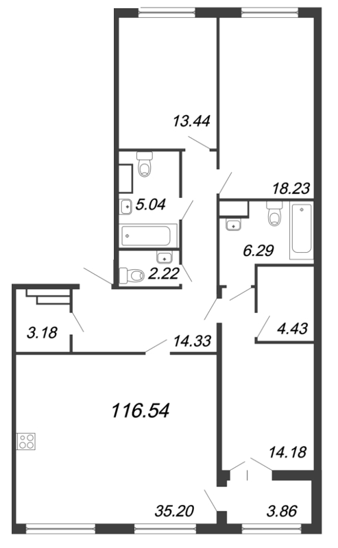 Продажа 4-комнатной (Евро) квартиры 114.4 м2, 3/8 этаж, ЖК «The One» - план-схема