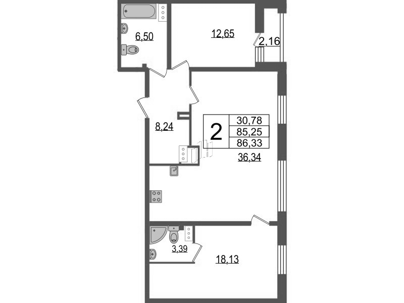 Продажа 3-комнатной (Евро) квартиры 86.33 м2, 9/9 этаж, ЖК «TESORO» - план-схема