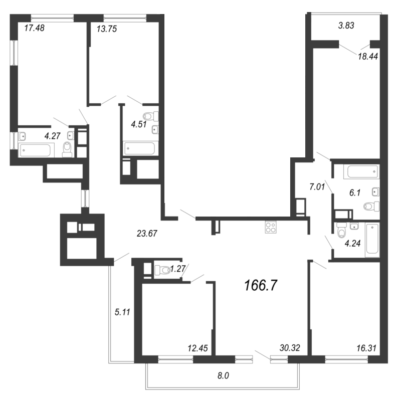 Продажа 5-комнатной квартиры 169.8 м2, 17/18 этаж, ЖК «Нахимов» - план-схема