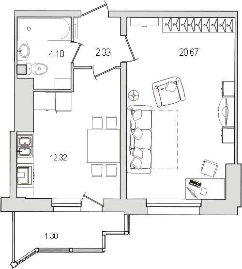 Продажа 1-комнатной квартиры 43.1 м2, 5/0 этаж в ЖК «Шекспир» - план-схема