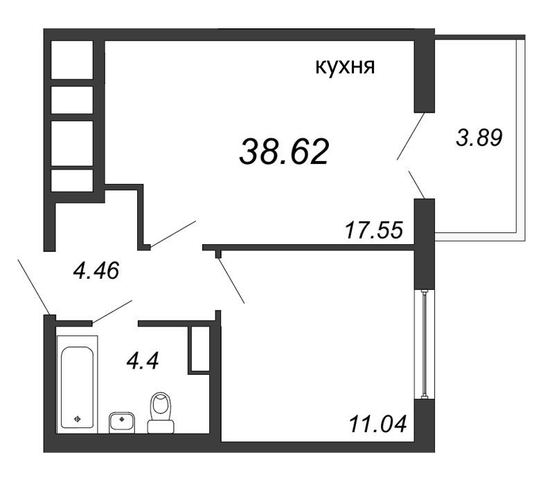 Продажа 2-комнатной (Евро) квартиры 38.6 м2, 6/11 этаж, ЖК «AEROCITY» - план-схема