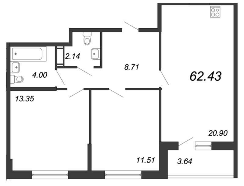 Продажа 3-комнатной (Евро) квартиры 62.43 м2, 13/18 этаж в ЖК «Магеллан» - план-схема