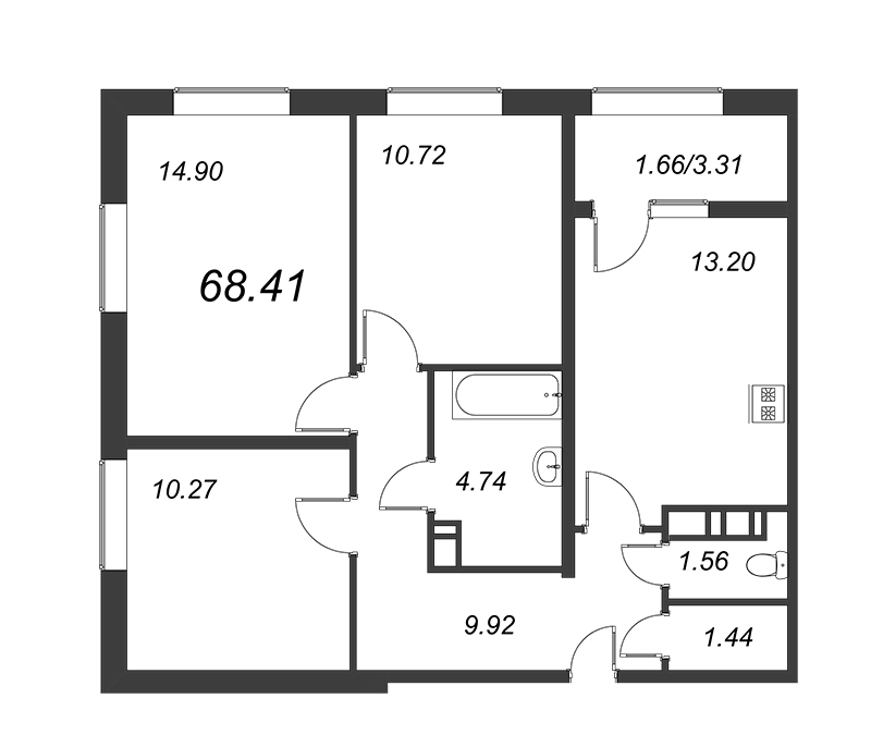 Продажа 3-комнатной квартиры 68.41 м2, 17/23 этаж, ЖК «БелАрт» - план-схема