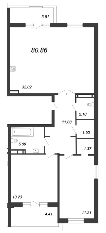 Продажа 3-комнатной (Евро) квартиры 80.86 м2, 12/12 этаж, ЖК «Ariosto» - план-схема