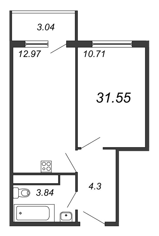 Продажа 1-комнатной квартиры 32.73 м2, 14/18 этаж, ЖК «Avenue-Apart на Дыбенко» - план-схема