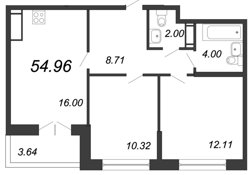 Продажа 3-комнатной (Евро) квартиры 54.96 м2, 17/18 этаж, ЖК «Магеллан» - план-схема