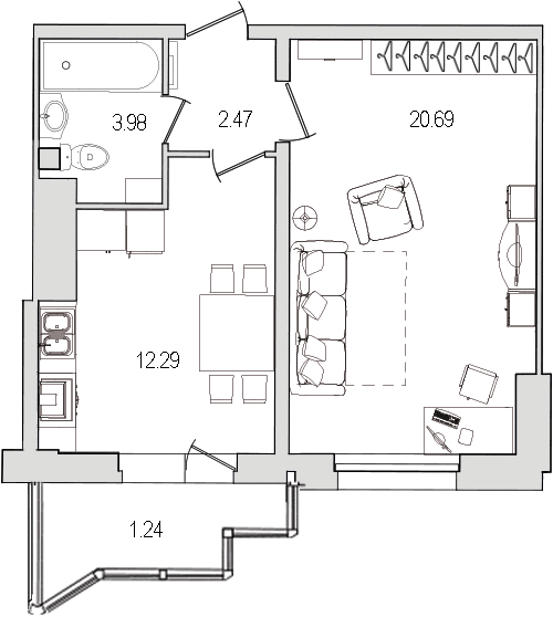 Продажа 1-комнатной квартиры 43 м2, 6/27 этаж, ЖК «Шекспир» - план-схема