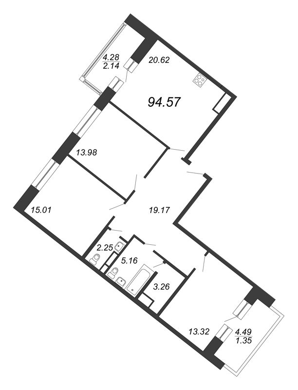 Продажа 3-комнатной квартиры 94.57 м2, 12/12 этаж, ЖК «Ariosto» - план-схема