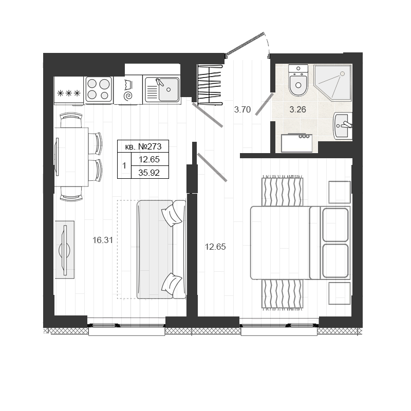 Продажа 2-комнатной (Евро) квартиры 35.92 м2, 4/4 этаж, ЖК «Верево-сити» - план-схема