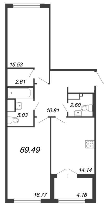 Продажа 2-комнатной квартиры 68.9 м2, 1/8 этаж, ЖК «The One» - план-схема