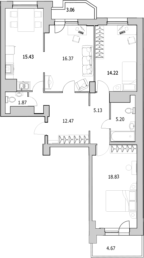 Продажа 3-комнатной квартиры 92.45 м2, 3/25 этаж, ЖК «Байрон» - план-схема