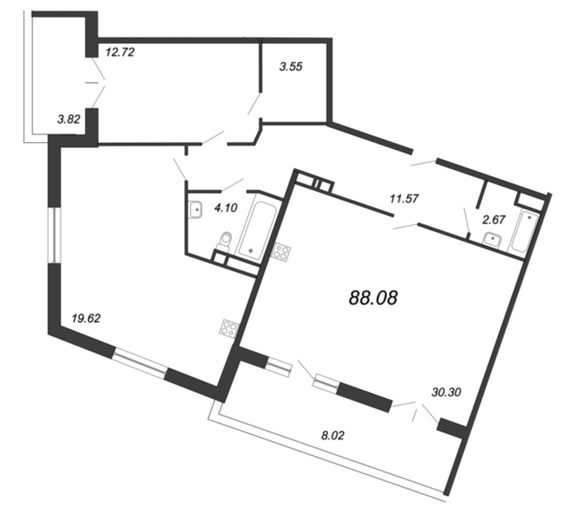 Продажа 3-комнатной (Евро) квартиры 88.08 м2, 12/12 этаж, ЖК «Ariosto» - план-схема