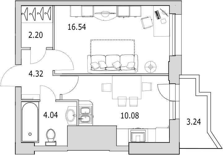 Продажа 1-комнатной квартиры 38.15 м2, 23/0 этаж, ЖК «Байрон» - план-схема