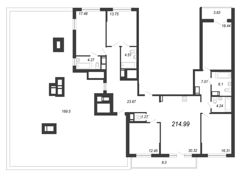 Продажа 5-комнатной квартиры 214.99 м2, 14/18 этаж, ЖК «Нахимов» - план-схема