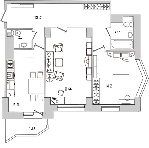Продажа 2-комнатной квартиры 76.8 м2, 21/27 этаж, ЖК «Шекспир» - план-схема
