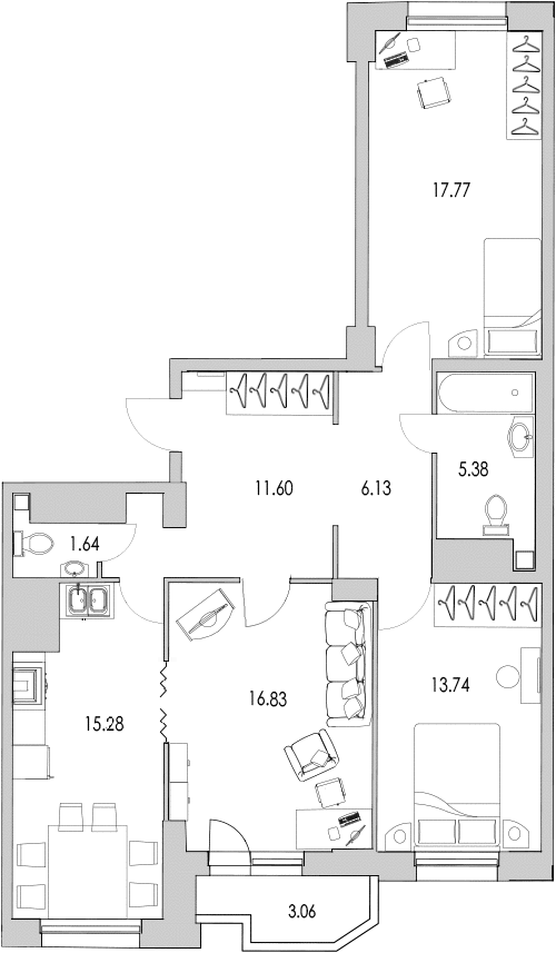 Продажа 3-комнатной квартиры 89.9 м2, 22/0 этаж, ЖК «Байрон» - план-схема