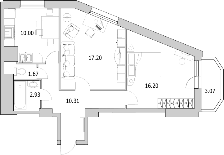 Продажа 2-комнатной квартиры 59.23 м2, 3/0 этаж в ЖК «Байрон» - план-схема