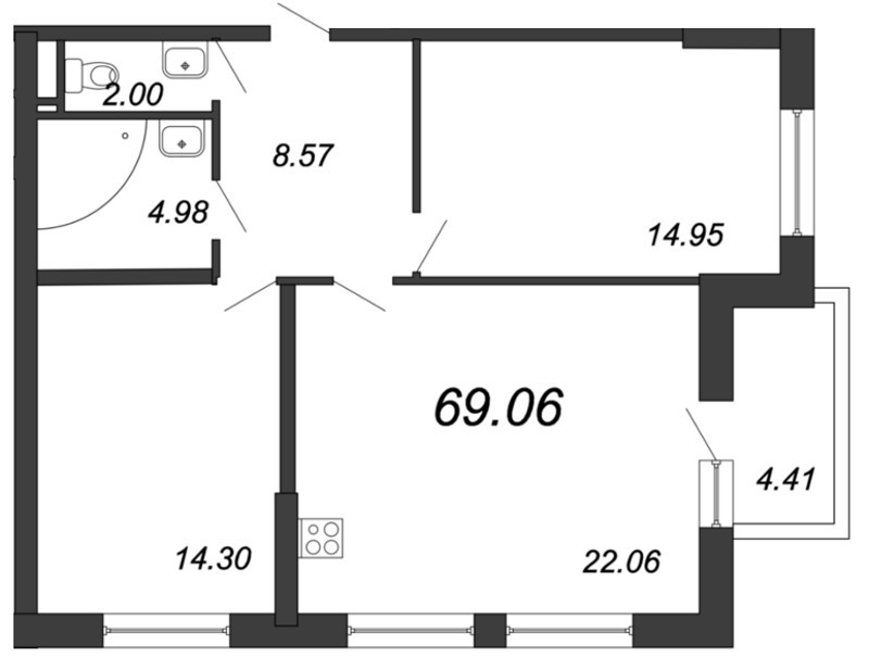 Продажа 3-комнатной (Евро) квартиры 69.06 м2, 16/18 этаж, ЖК «Магеллан» - план-схема