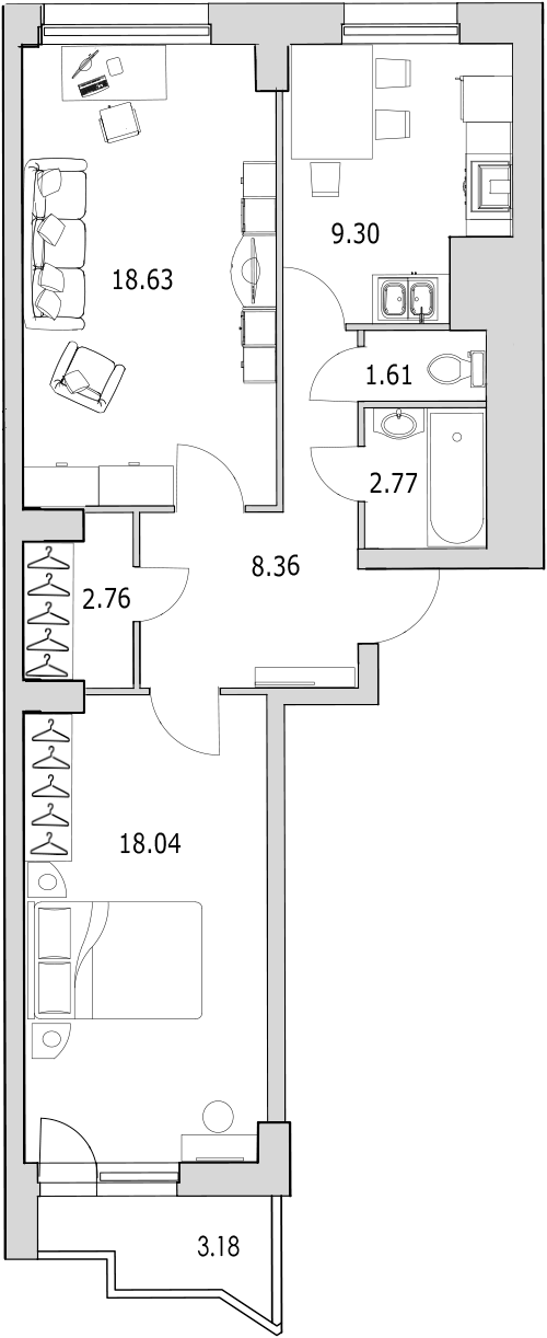 Продажа 2-комнатной квартиры 63.06 м2, 16/0 этаж в ЖК «Байрон» - план-схема