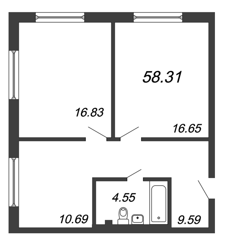 Продажа 2-комнатной квартиры 58.31 м2, 22/29 этаж, ЖК «In2it» - план-схема