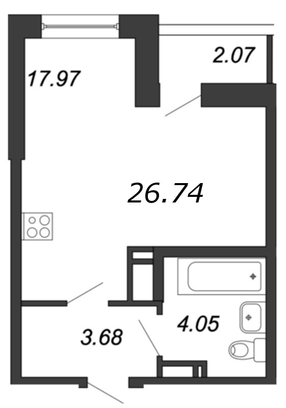 Продажа квартиры-студии 26.74 м2, 16/18 этаж в ЖК «Магеллан» - план-схема