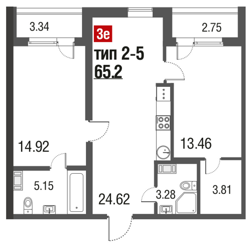 Продажа 3-комнатной (Евро) квартиры 65.2 м2, 3/5 этаж, ЖК «Русские сезоны» - план-схема