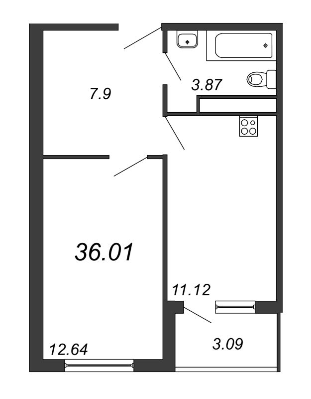 Продажа 1-комнатной квартиры 36.46 м2, 14/18 этаж, ЖК «Avenue-Apart на Дыбенко» - план-схема