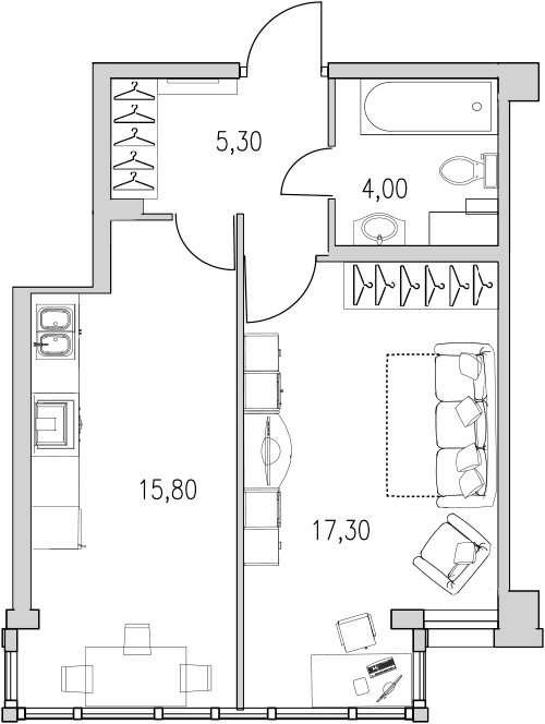 Продажа 1-комнатной квартиры 42.4 м2, 4/0 этаж, ЖК «Байрон» - план-схема