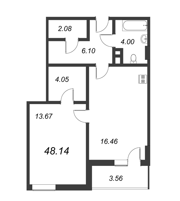Продажа 1-комнатной квартиры 48.33 м2, 8/15 этаж в ЖК «WINGS апартаменты на Крыленко» - план-схема