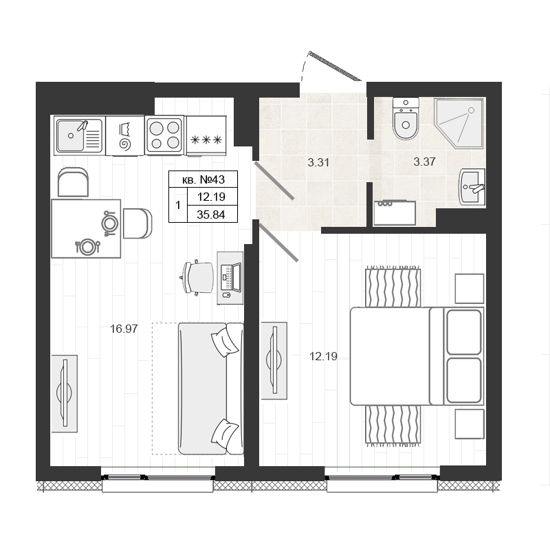Продажа 2-комнатной (Евро) квартиры 35.84 м2, 2/4 этаж в ЖК «Верево-сити» - план-схема